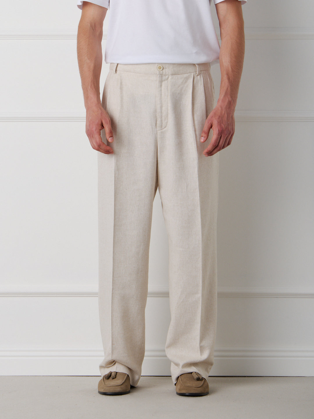 LINEN-COTTON WIDE LEG TAILORED PANTS