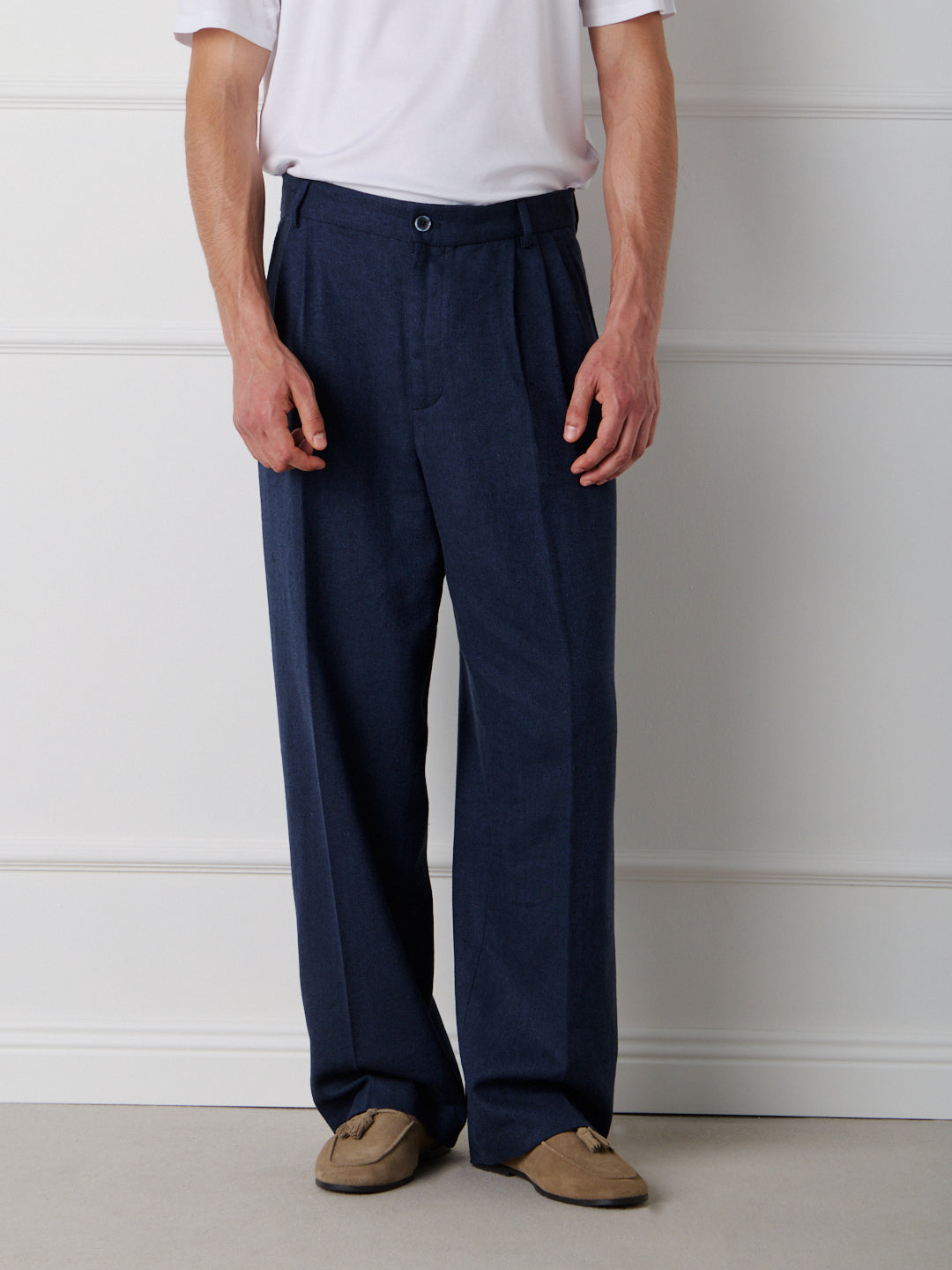 LINEN-COTTON WIDE LEG TAILORED PANTS