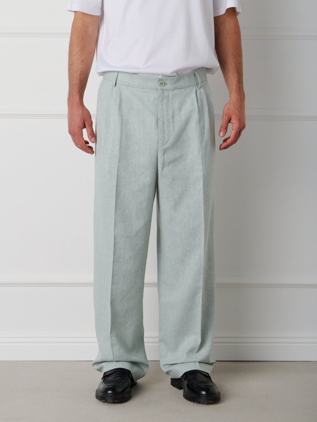 LINEN-COTTON WIDE LEG TAILORED PANTS