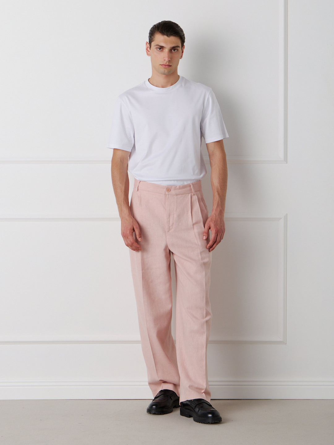 LINEN-COTTON WIDE LEG TAILORED PANTS