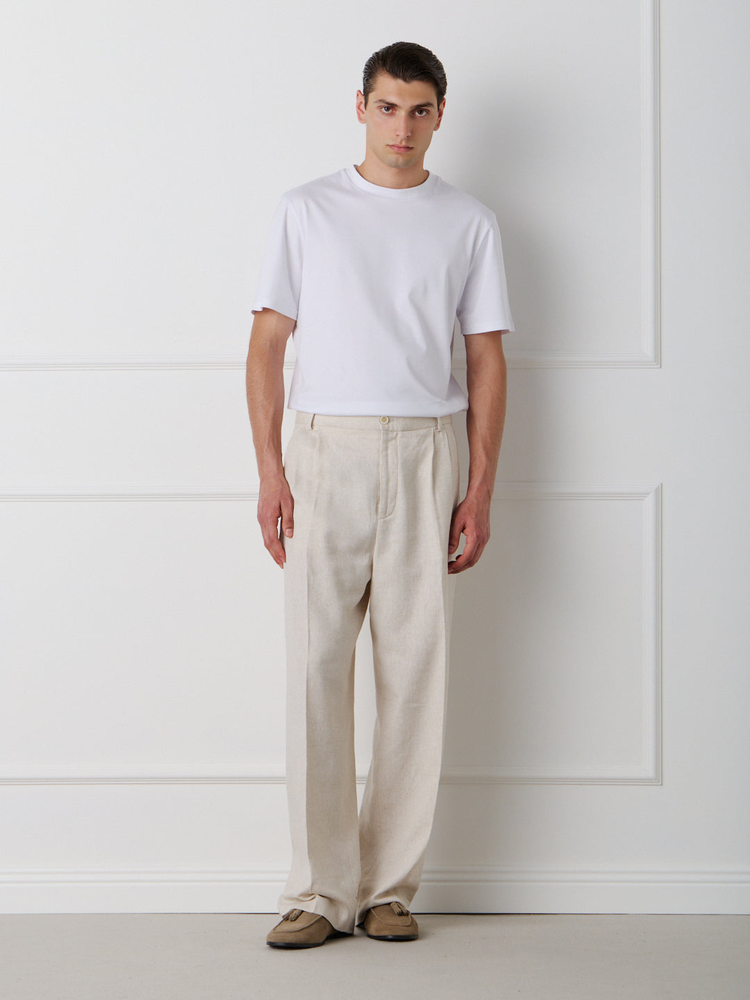 LINEN-COTTON WIDE LEG TAILORED PANTS